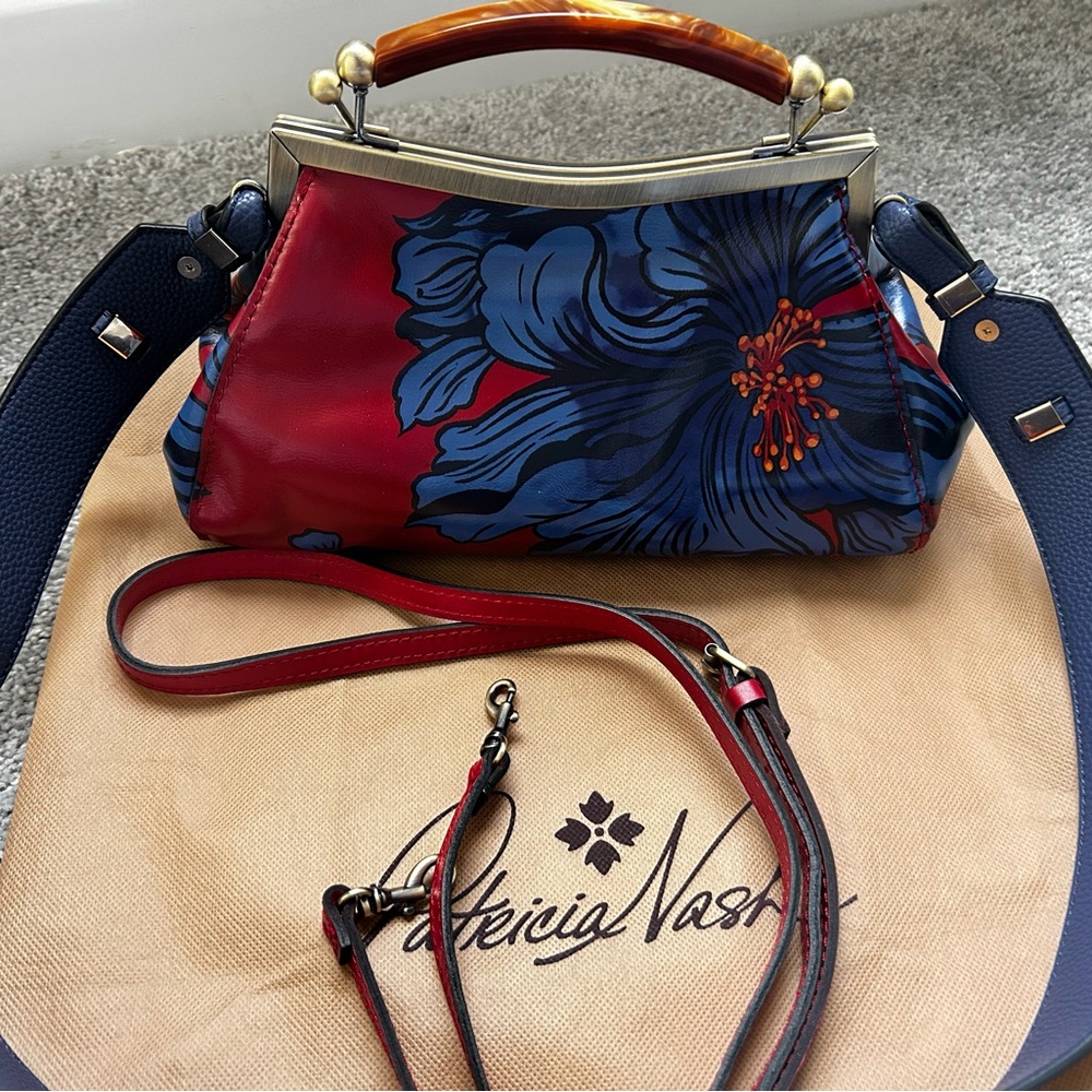 Patricia Nash Leather Red and Blue Grecian Rose Shoulder Bag - Picture 4 of 11